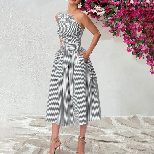 Women's Summer One Shoulder Striped Midi Dress with Tie Waist Dresses With Pockets