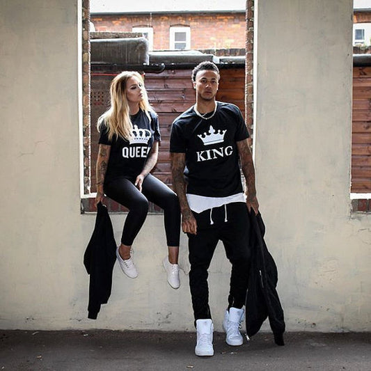 King Queen Letter Printed Black Tshirts Summer Casual Cotton Short Sleeve Tees Couple Tops