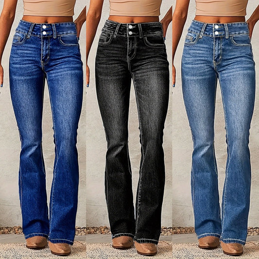 Skinny Flared Jeans With Pockets Button Zipper Women's Slim Denim