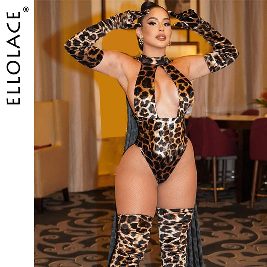 Ellolace Leopard Bodysuit With Gloves Stocking 5-Piece Sissy Crotchless Body Suits Women Halter Deep-V Body Sexy Tops Tights