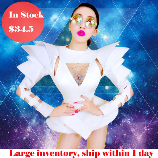Women White Dance Bodysuit Outfit Stage Wear
