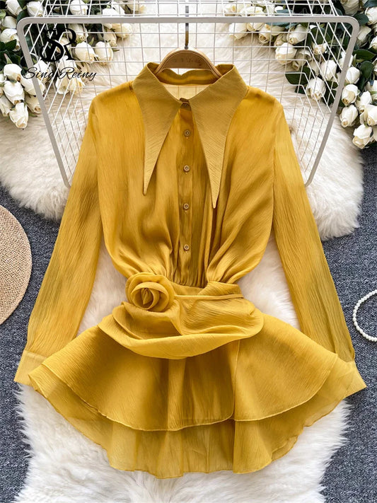 SINGREINY 2025 Floral Vintage Shirt Lapel Neck Long Sleeves Sheer Bohemian Loose Organza Blouse