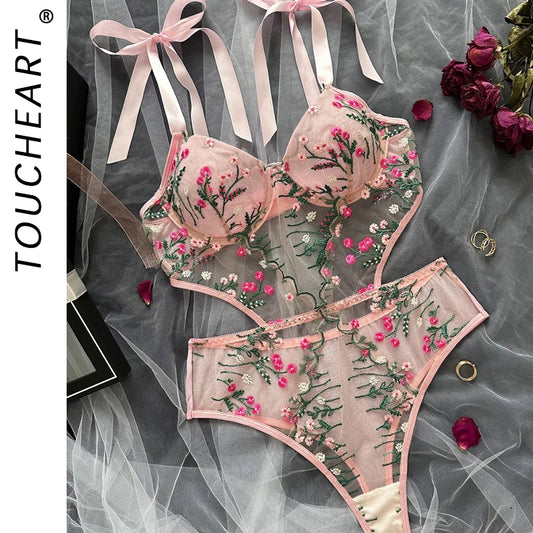 Women Lingerie with embroidered flower unlined with bow ribbon shoulders straps