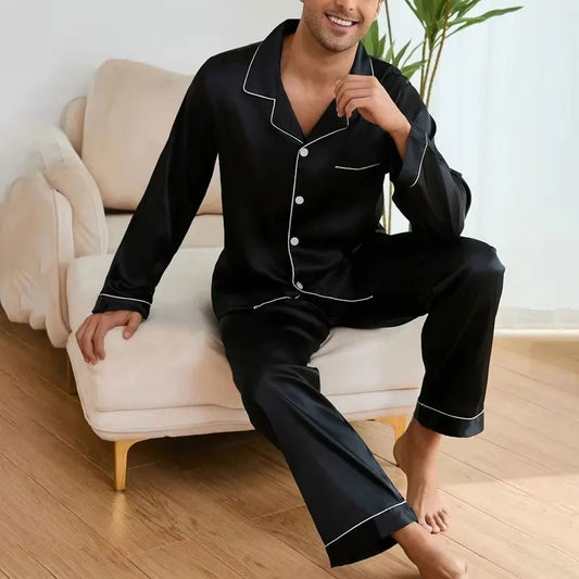 Men's Satin Pajama Set Linter Lapel Collar Long Sleeve Tops & Pants Sleepwear Button Down Loungewear