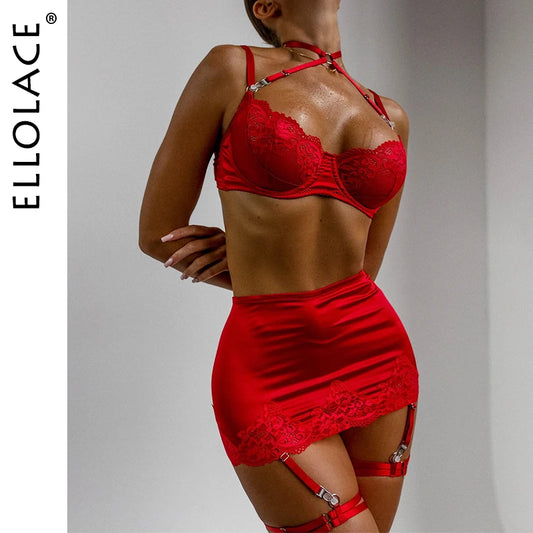 Ellolace Lace Halter Bra Heart g-String  Erotic Garter Ensemble Exotic Sets