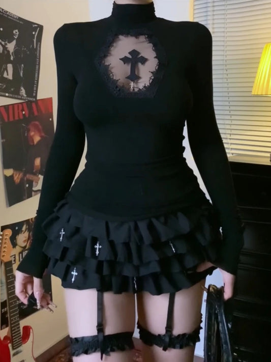 Turtleneck Top Y2k Clothes Black Gothic Cross Hollow