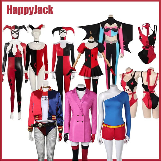 Quinzel Cosplay Female Jumpsuit Mask Costume Fansy Disguise Outfits Halloween Carnival Role Play Bodysuit For Adult Women Girls