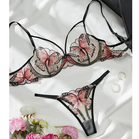 Lingerie Women Butterfly Embroidery Bra Sets Attractive Chest  2 pcs