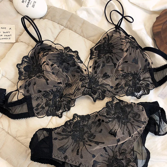 French Lace Flowers Embroidery Bra Set Sexy Ultra Thin Women  New Triangle Cup Wire Free Lingerie Set