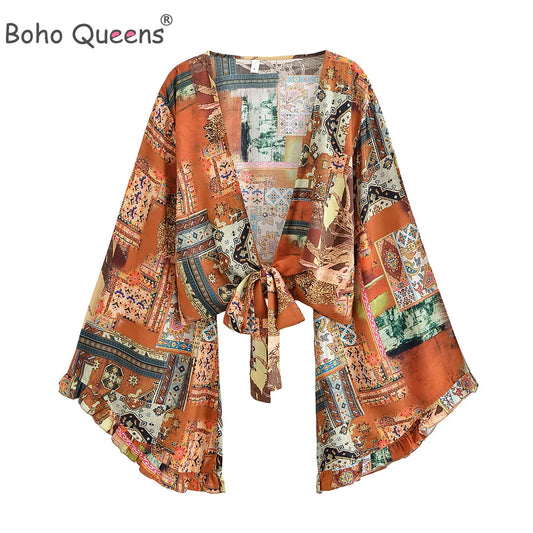 Boho Queens Sun Flower Beach Summer Short Kimono Women 2025 Ruffles Flare Sleeves Vacation Bohemian Bikini Cover-ups